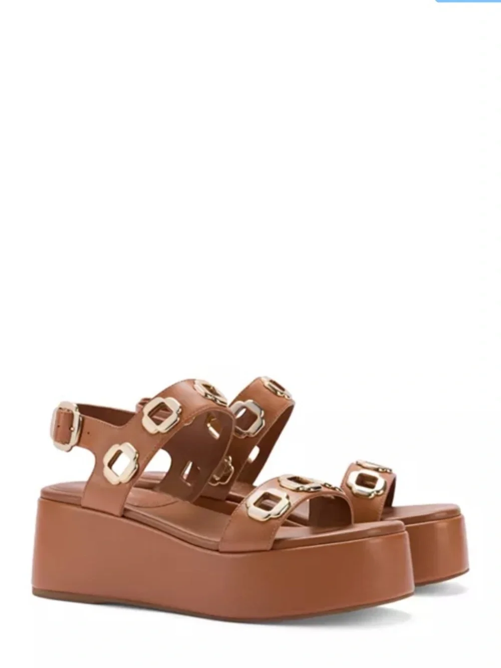 Larroudé Milan Grommet Women’s Platform Sandals, Tan & Gold Buckle Accents